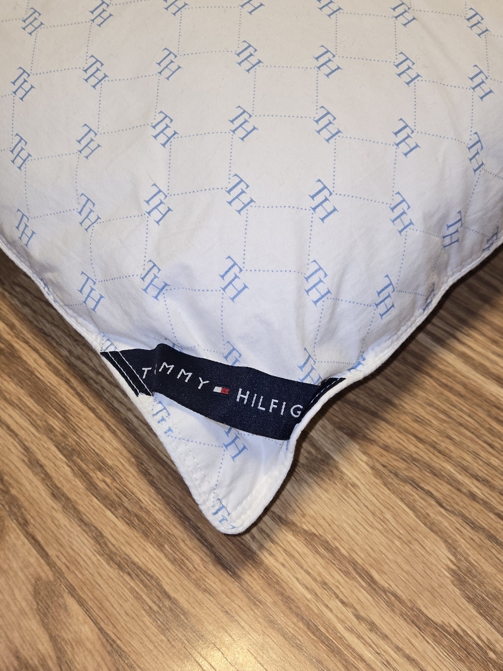 Tommy Hilfiger White Pillow with Light Blue TH Monogram and Navy Brand Tag